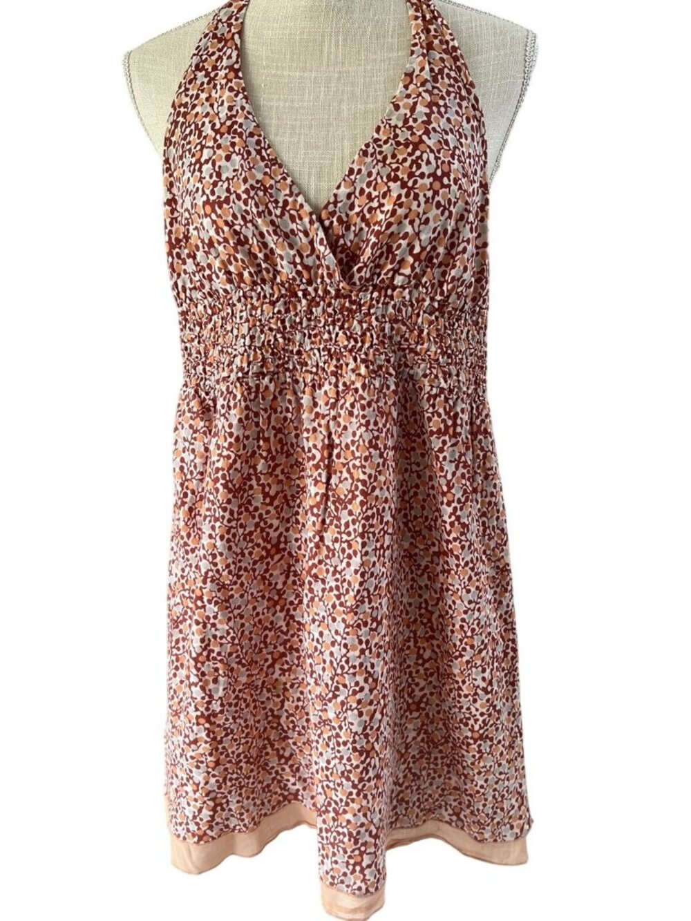 Kandy Kiss Floral Halter Mini Cotton Smocked Waist Brown/Peach Dress Size 11